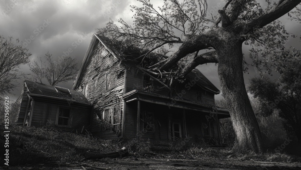 Obraz premium Abandoned farmhouse, storm damage, rural landscape, ominous atmosphere