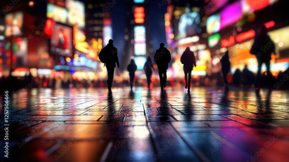 Fototapeta premium City night, people walking, blurred lights, wet street, urban life