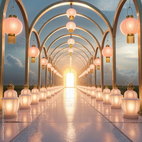 Pathway Underlit By Arches And Lanterns Leading To A Horizon At Twilight With Soft Lighting Effects At Dusk And Golden Hues Emphasized In The Scene With Ambient Light And Soft Clouds Ornamental