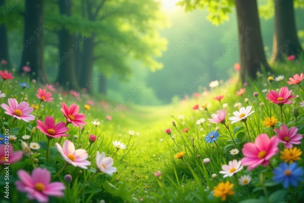 Fototapeta premium Vibrant wildflowers bloom in a sunlit meadow, creating a picturesque scene of natural beauty and serenity, a tranquil escape into the heart of a lush forest