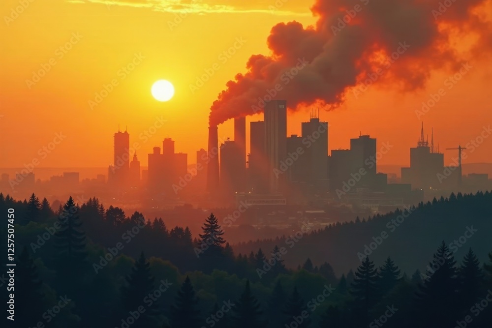 Sunrise over an industrial cityscape, smoke plumes rising from factories at dawn, silhouetted buildings against a fiery sky, a forest of evergreen trees in the foreground Sunrise over an industrial cityscape, smoke plumes rising from factories at dawn, silhouetted buildings against a fiery sky, a forest of evergreen trees in the foreground