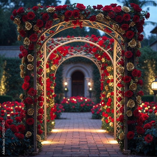 Picturesque Garden Pathway Framed by Lush Red Roses and Soft Ambient Lighting from Evening Sunbeams and Moonlight.  Nature's Beauty in Full Bloom.  Elegance in Scenery and Design. Tranquil Setting