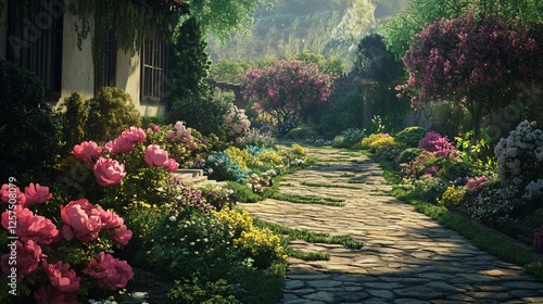 Wallpaper Mural Sunlit Garden Path, Blossoms, House, Hills, Serenity, Background, Design Torontodigital.ca