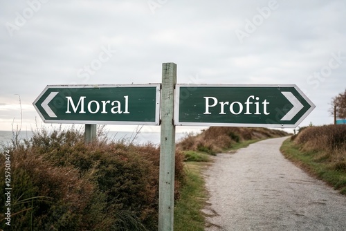 Moral and profit sign in opposite direction. Business ethical conflict photo