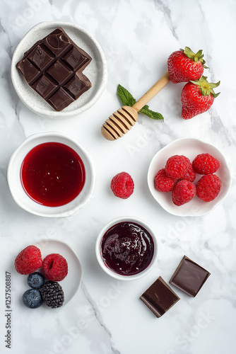 berries, on different plates. from the top, honey, chocolate, jam, white kitchen table, cloth, marble, highly detailed, by louise lister, sara ali, mary devinat, kailee mandel, sharp focus!!, masterpi photo