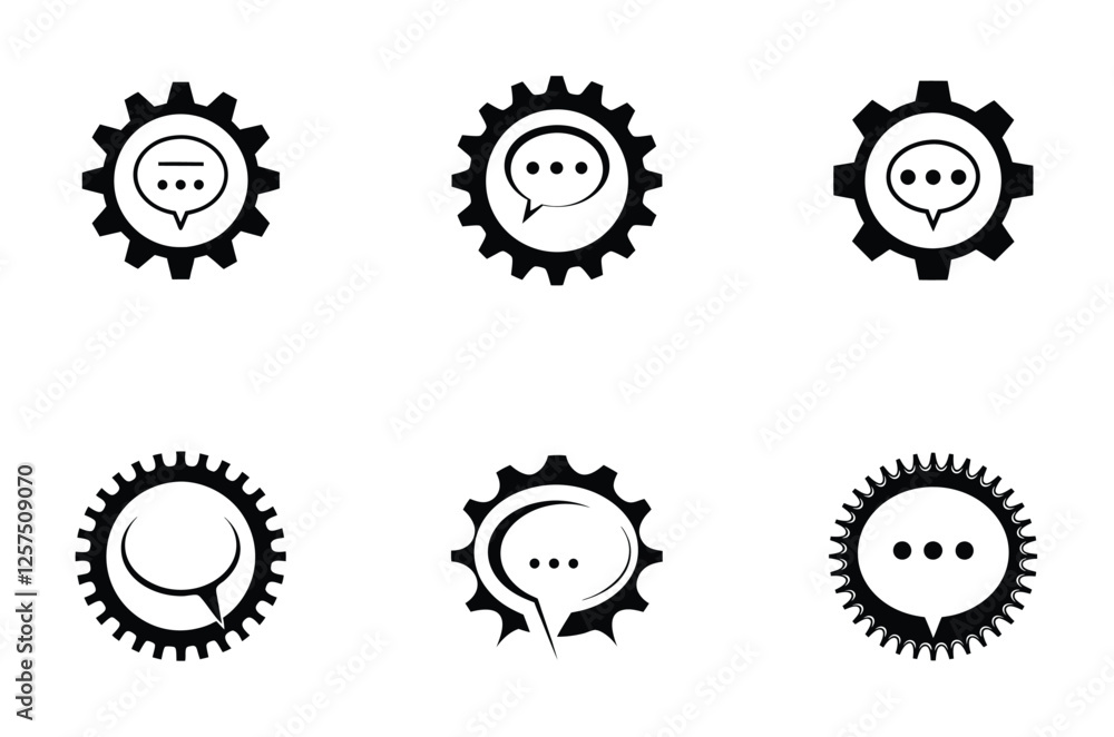 Speech Bubble and Gear icon and logo vector silhouette set for Problem Solving Communication Speech Bubble and Gear icon and logo vector silhouette set for Problem Solving Communication