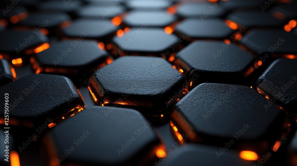 Fototapeta premium Close-up view of a textured hexagonal surface with glowing edges, evoking a futuristic vibe