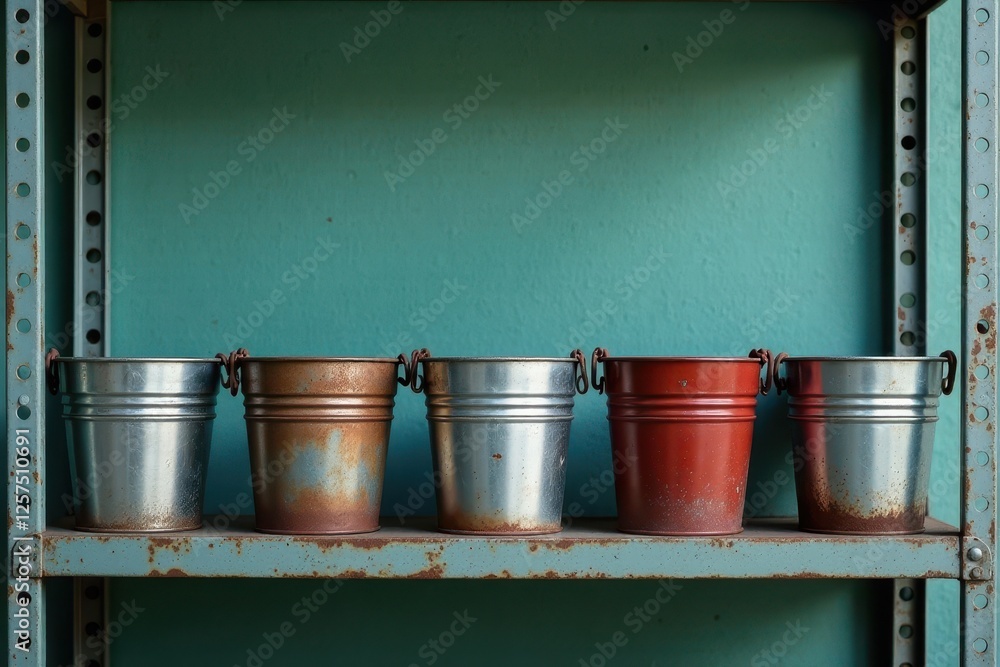 Five rustic metal buckets arranged on a weathered shelf against a teal backdrop Five rustic metal buckets arranged on a weathered shelf against a teal backdrop