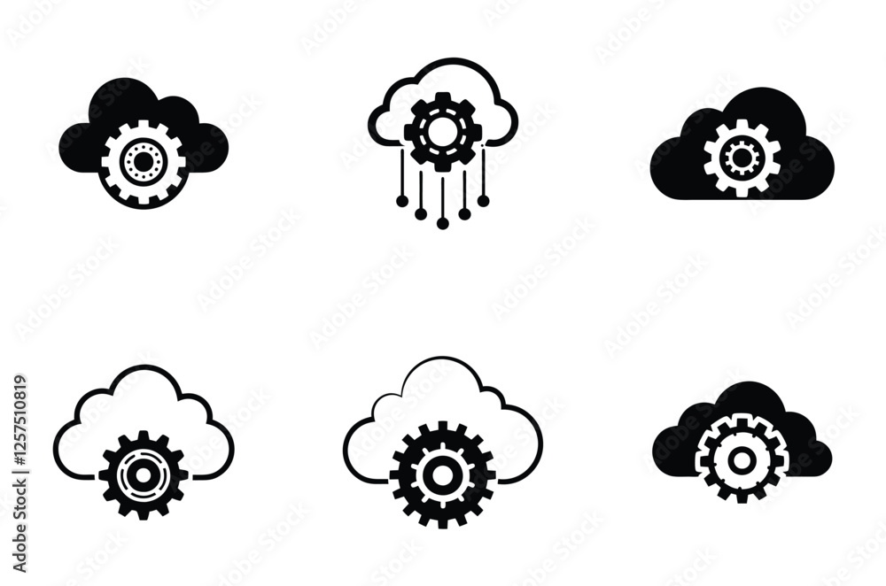 Cloud and Gear icon and logo design vector silhouette set for Cloud Computing and Digital Automation Cloud and Gear icon and logo design vector silhouette set for Cloud Computing and Digital Automation