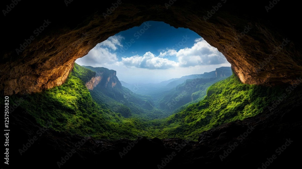 A view from inside a cave looking out into a valley