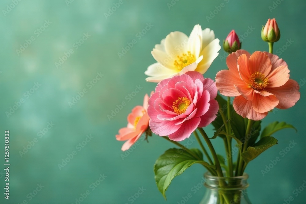 A Delicate Bouquet of Pastel Blossoms in a Glass Vase, Displayed Against a Soft Teal Background A Delicate Bouquet of Pastel Blossoms in a Glass Vase, Displayed Against a Soft Teal Background