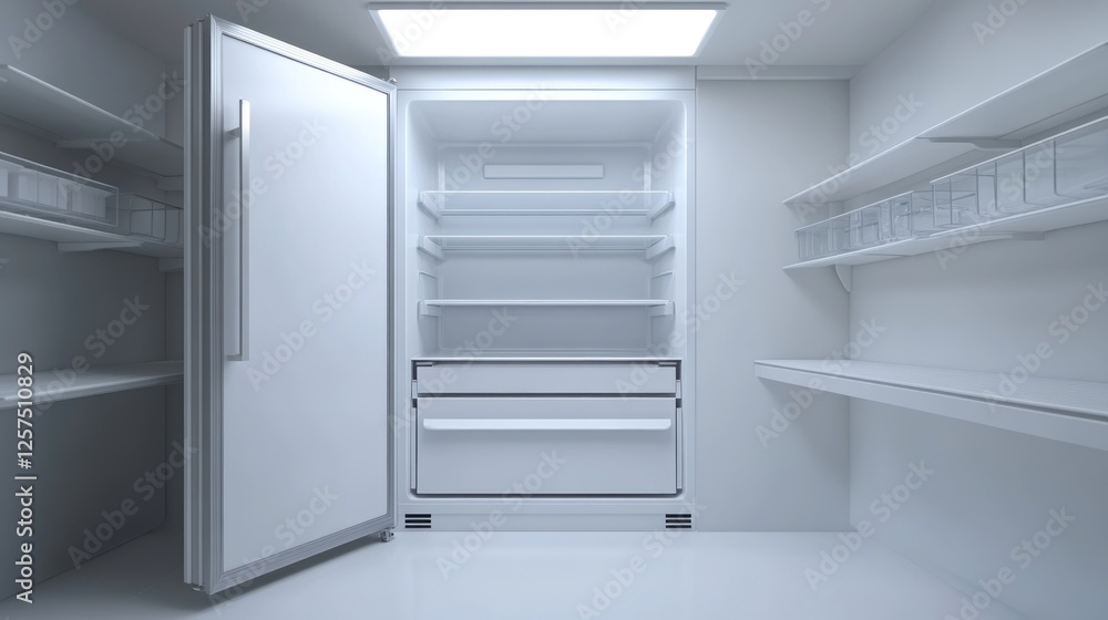 Empty white refrigerator in minimalist kitchen Empty white refrigerator in minimalist kitchen