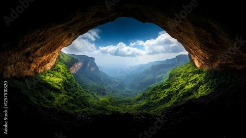 Obraz na płótnie A view from inside a cave looking out into a valley w salonie