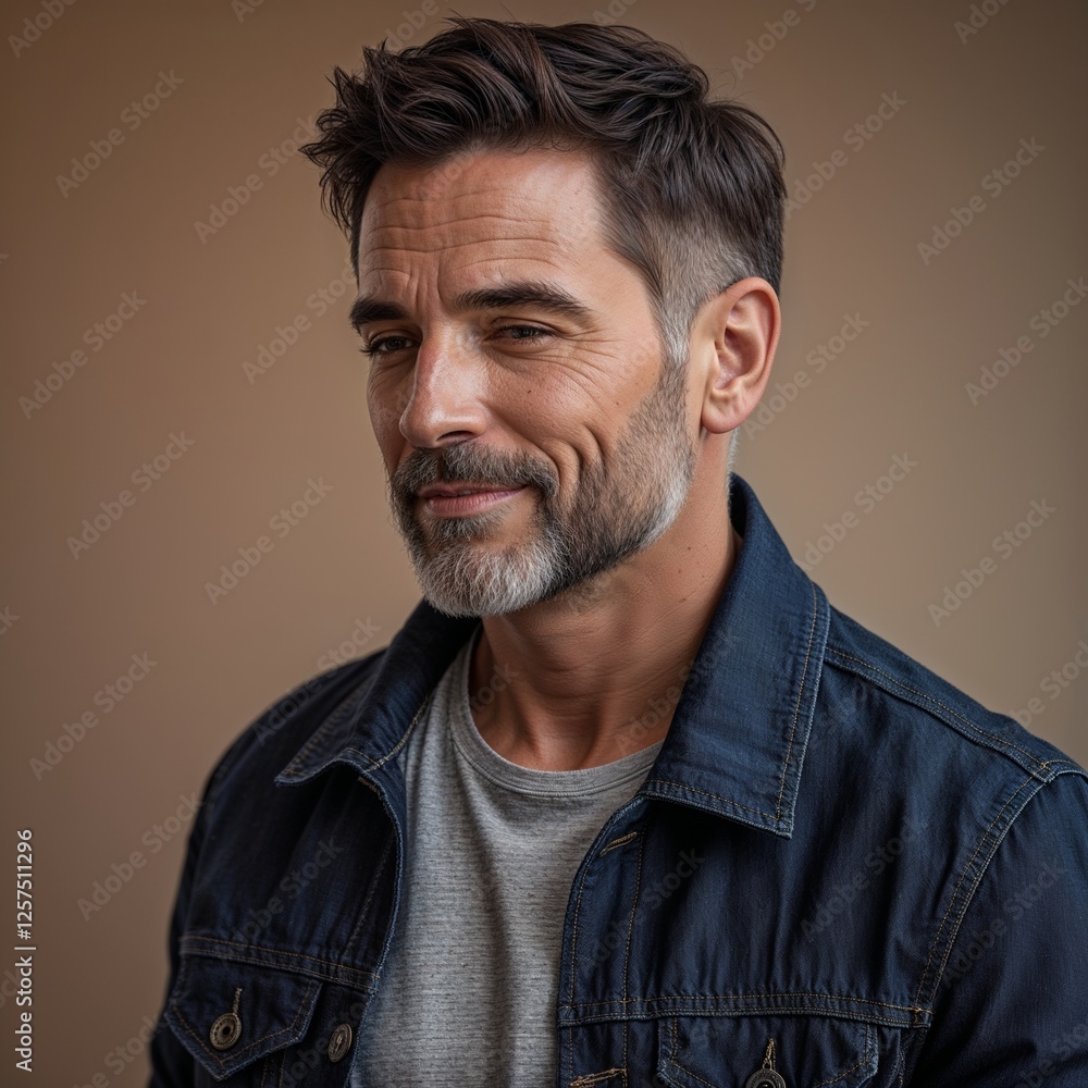 Portrait of a Confident Middle-Aged Man with a Stylish Denim Jacket and Graying Beard Against a Neutral Background Portrait of a Confident Middle-Aged Man with a Stylish Denim Jacket and Graying Beard Against a Neutral Background