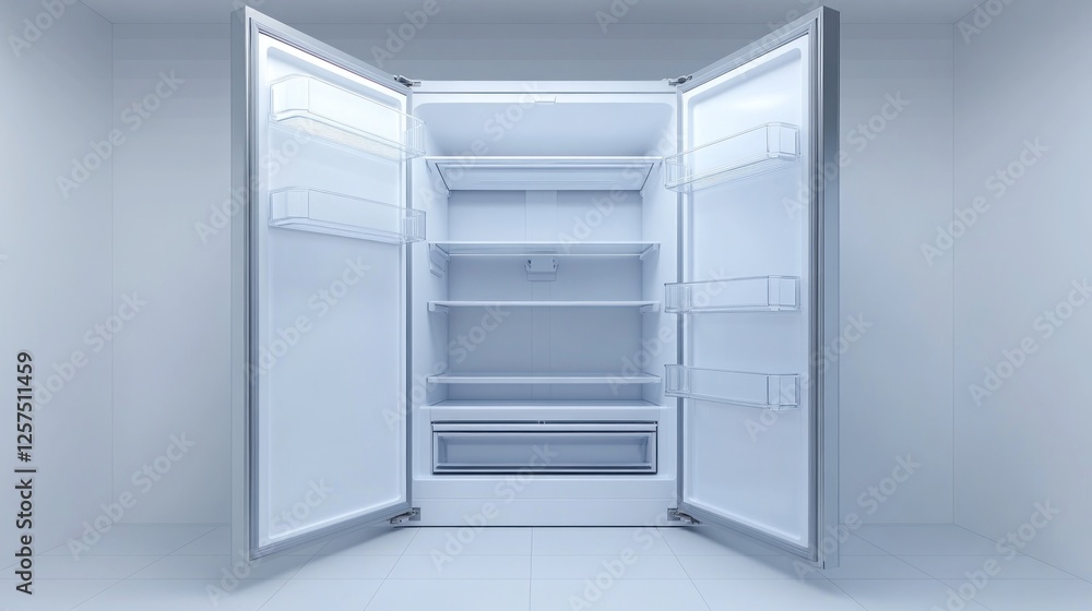 Empty refrigerator in white room, interior view Empty refrigerator in white room, interior view