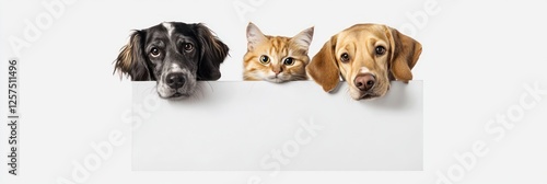 Charming peek of dogs and a cat over a blank board, clear background.