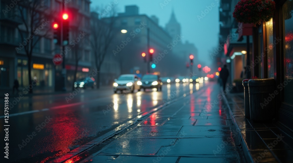 Fototapeta premium Moody urban landscape on a rainy day, showcasing reflective city streets