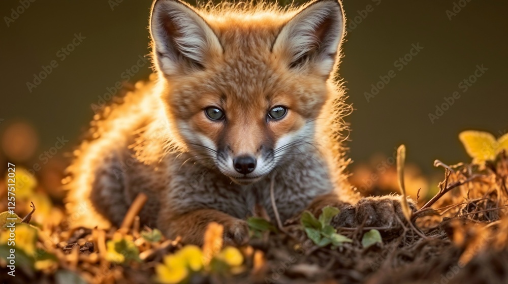 Naklejka premium A fox cub lies in the dry grass in the golden sunlight.