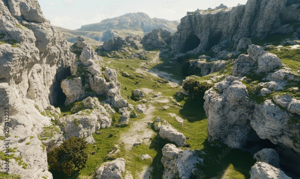 Obraz premium Rocky mountain valley path, sunny day, aerial view; game background