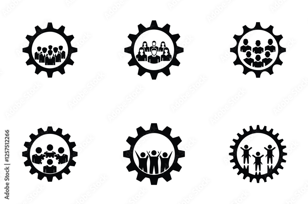 Teamwork and Gear icon and logo design vector silhouette set Representing Collaboration and Innovation Teamwork and Gear icon and logo design vector silhouette set Representing Collaboration and Innovation