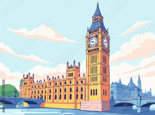 Surreal Big Ben Landmark in Vibrant Colors Vector