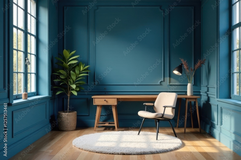 Fototapeta premium Serene Workspace with a View Modern Minimalist Office Chair and Desk in a Luxurious Teal Room with Natural Light