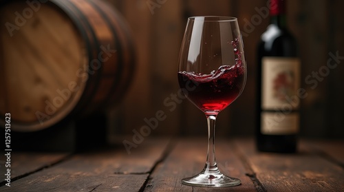 Elegant glass of rich red bordeaux wine swirls in a rustic setting photo