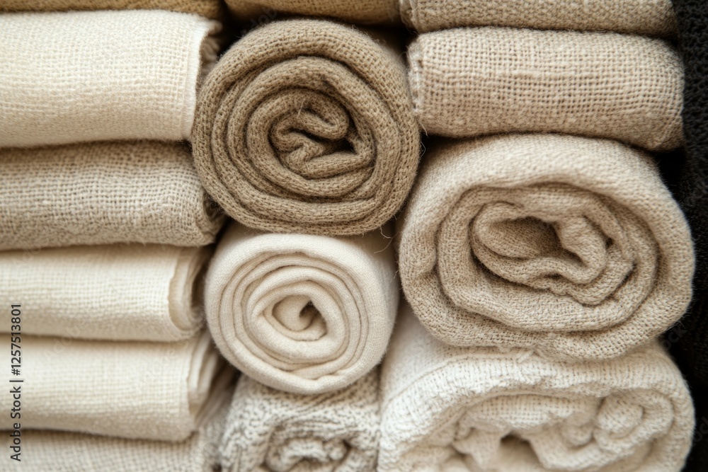Rolled neutral fabrics displayed together in soft light. AI image Rolled neutral fabrics displayed together in soft light. AI image