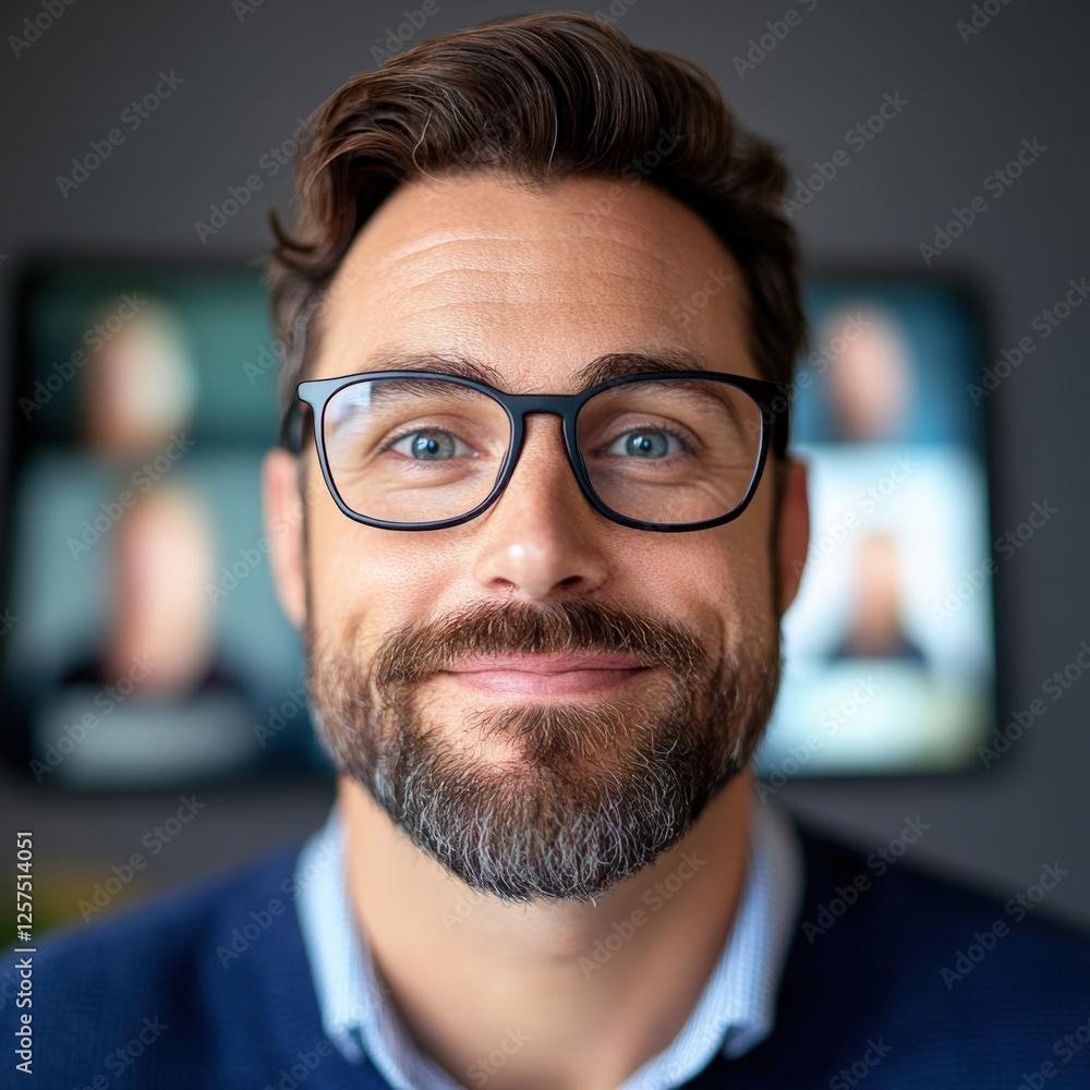 man with glasses smiling during video call man with glasses smiling during video call