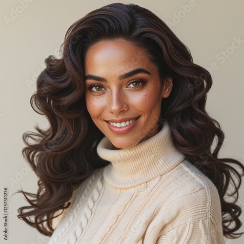 Portrait of a Confident Young Woman with Long Curls Smiling in a Cozy Sweater
