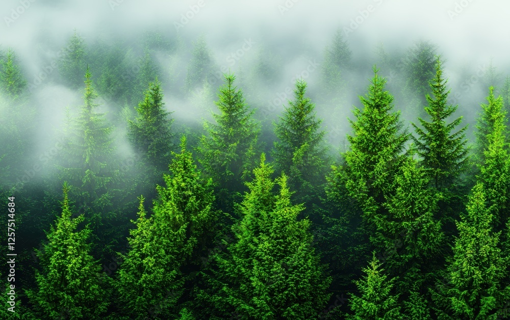 Lush green trees rise majestically through a misty fog, creating a serene and tranquil forest atmosphere. Lush green trees rise majestically through a misty fog, creating a serene and tranquil forest atmosphere.
