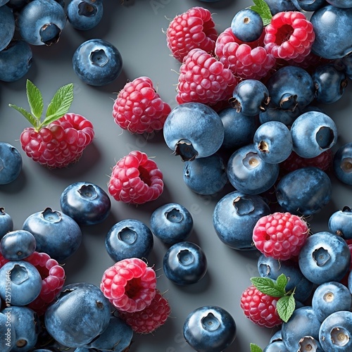 Fresh blueberries and raspberries on gray surface, ideal for healthy eating and dessert. photo