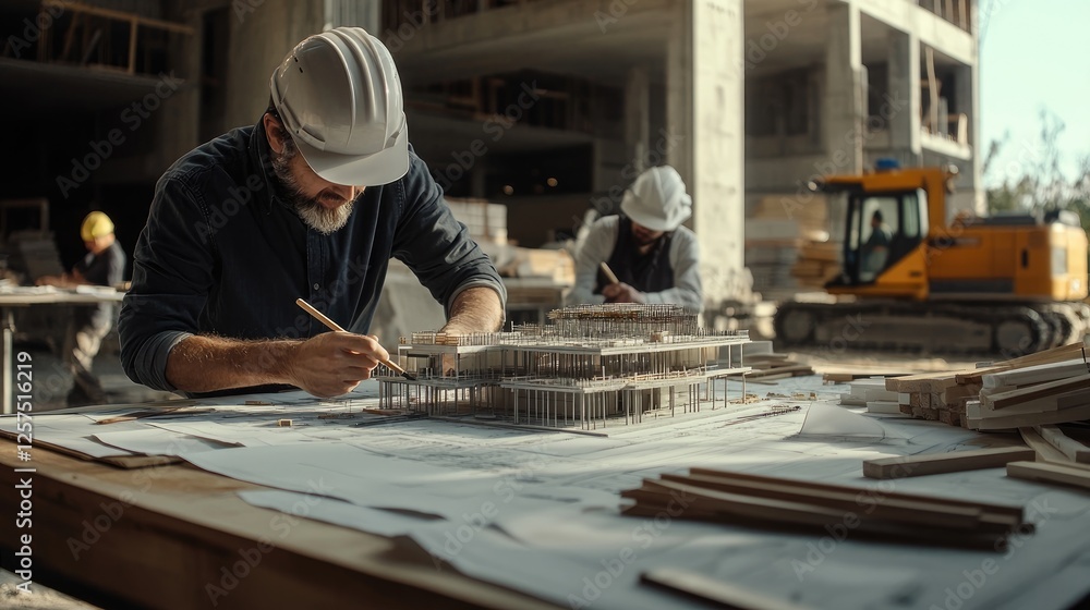 Architect Designing Building Model at Construction Site Architect Designing Building Model at Construction Site