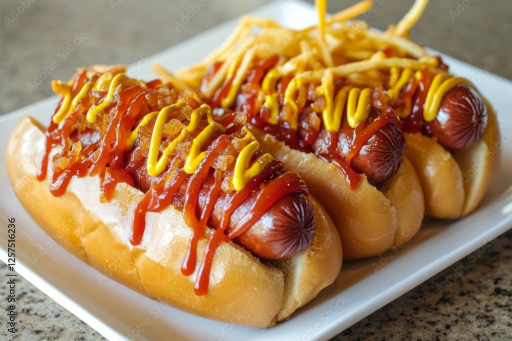 Two hot dogs with mustard on plate with fries. Artificial Intelligence Two hot dogs with mustard on plate with fries. Artificial Intelligence