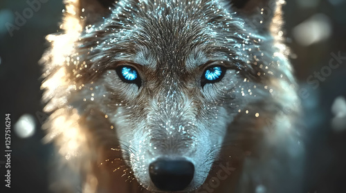 
A majestic wolf with glowing blue eyes, surrounded by icy crystals, ultra-realistic