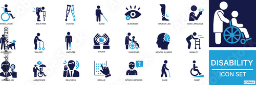 Disability icon set wheelchair, accessibility, blind, broken leg, disabled, You can easily change the color.