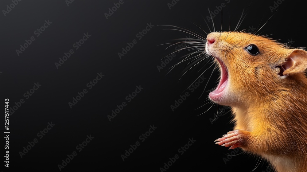 A hamster yawning with its mouth open on a black background A hamster yawning with its mouth open on a black background