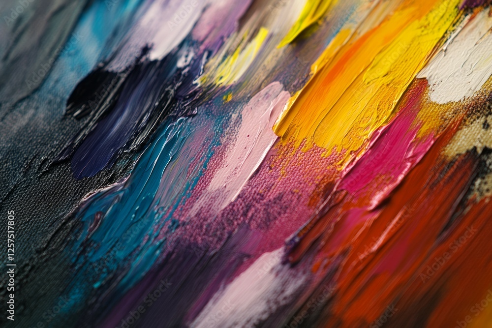 Close-up of colorful paint brushstrokes on canvas. Artificial Intelligence Close-up of colorful paint brushstrokes on canvas. Artificial Intelligence
