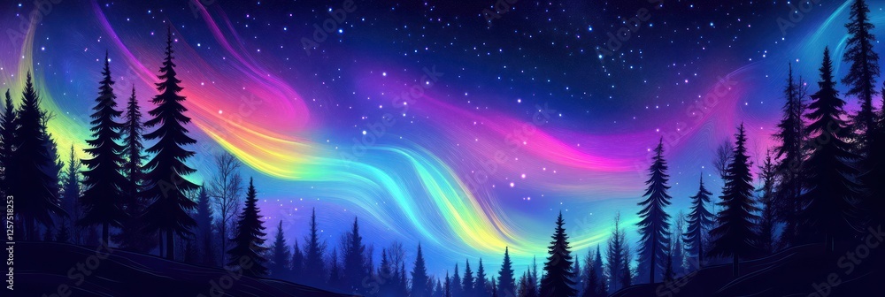 Fototapeta premium Aurora Borealis Illuminates Silhouetted Pine Forest at Night