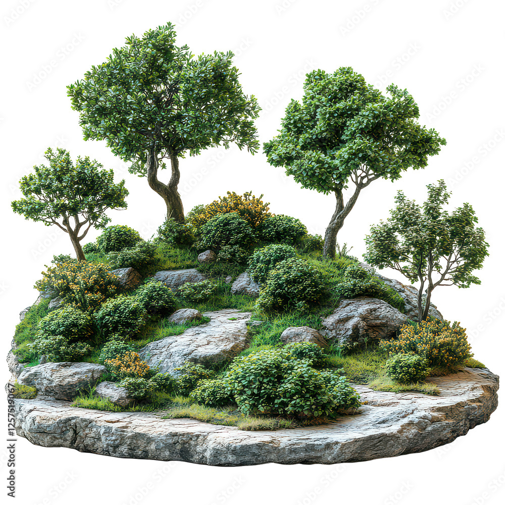 Green park landscape with bushes and trees isolated on transparent background, PNG Green park landscape with bushes and trees isolated on transparent background, PNG