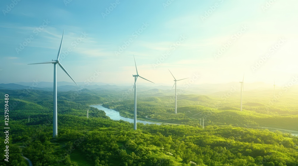 Wind turbines generating renewable energy in a lush green landscape under a clear blue sky Wind turbines generating renewable energy in a lush green landscape under a clear blue sky