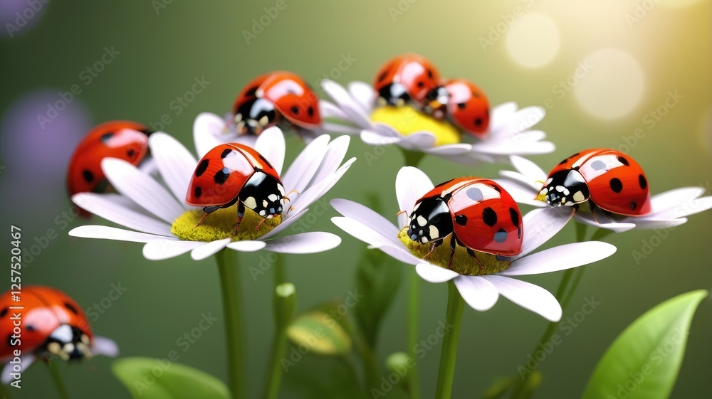 Fototapeta premium Ladybugs on Daisies Enjoying the Sunlight in a Summer Garden