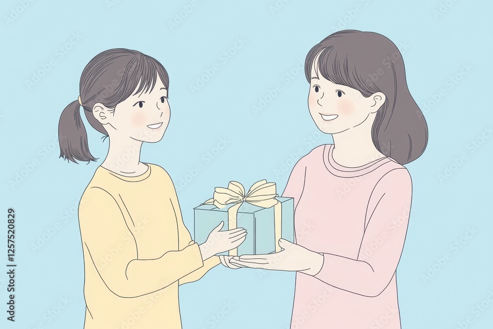 Mother and Daughter Sharing Gift Box in Light Pastel Mother and Daughter Sharing Gift Box in Light Pastel