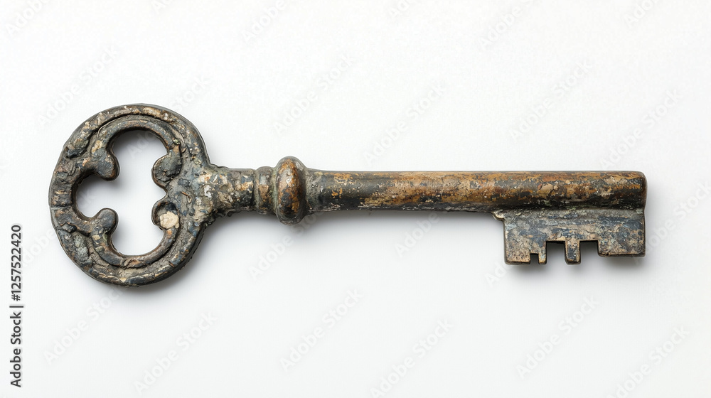 Old rusty metal key isolated on white background with vintage and antique appearance Old rusty metal key isolated on white background with vintage and antique appearance