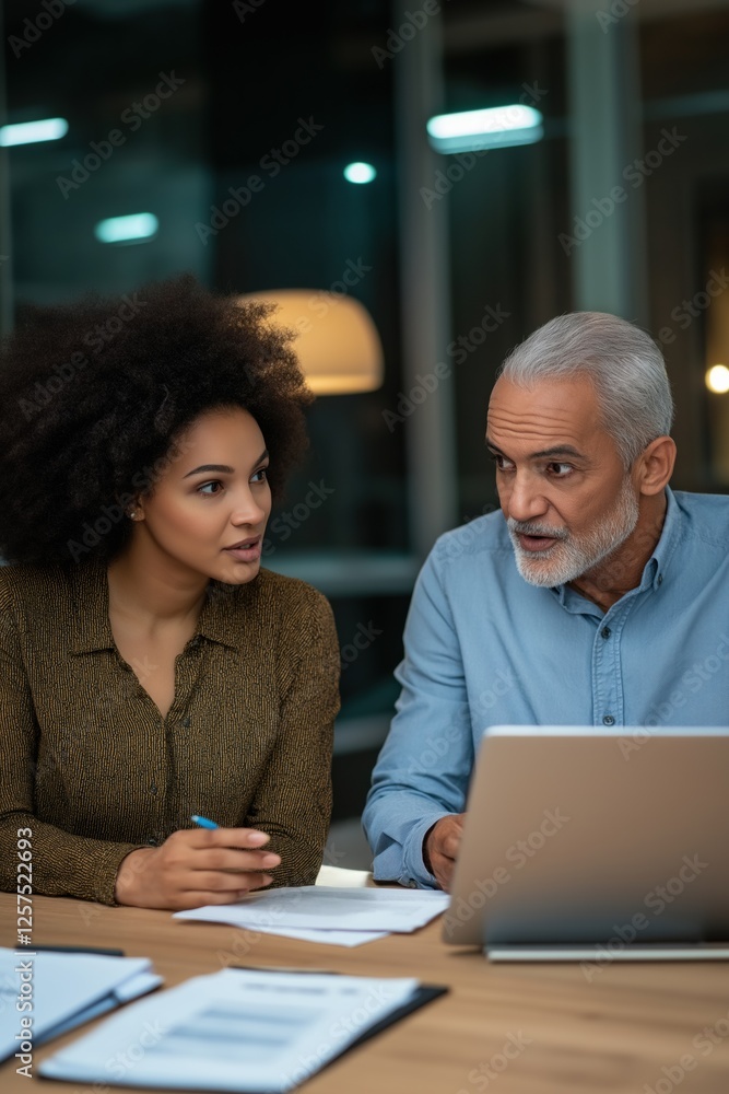 Fototapeta premium A man and a woman are sitting at a table with a laptop in front of them. The woman is looking at the laptop while the man looks at her. Scene is serious and focused