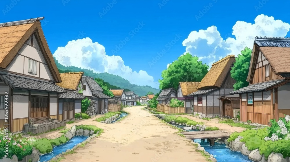 Picturesque Japanese Village Scene Tranquil Countryside Houses and Streams Sunny Day Anime Style Illustration Picturesque Japanese Village Scene Tranquil Countryside Houses and Streams Sunny Day Anime Style Illustration