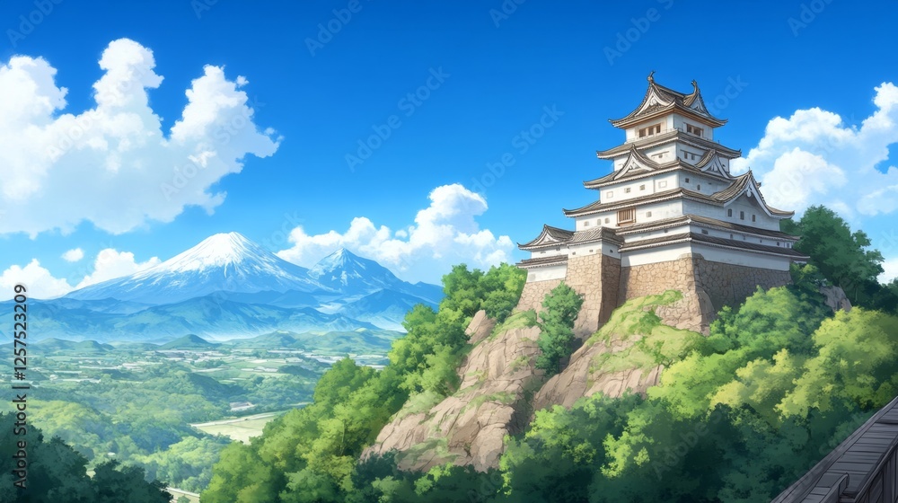Serene Japanese Castle on Hilltop Scenic View Majestic Mountain Background Sunny Day Landscape Illustration Serene Japanese Castle on Hilltop Scenic View Majestic Mountain Background Sunny Day Landscape Illustration