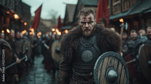 Jorvik Viking Festival, Viking warriors in leather armor and iron chains walk the cobblestone streets of York, carrying axes and shields decorated with Nordic carvings, Ai generated images photo