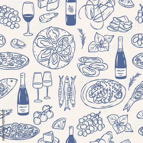 Line art seafood and wine background