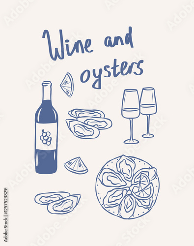 Hand drawn wine and oysters poster